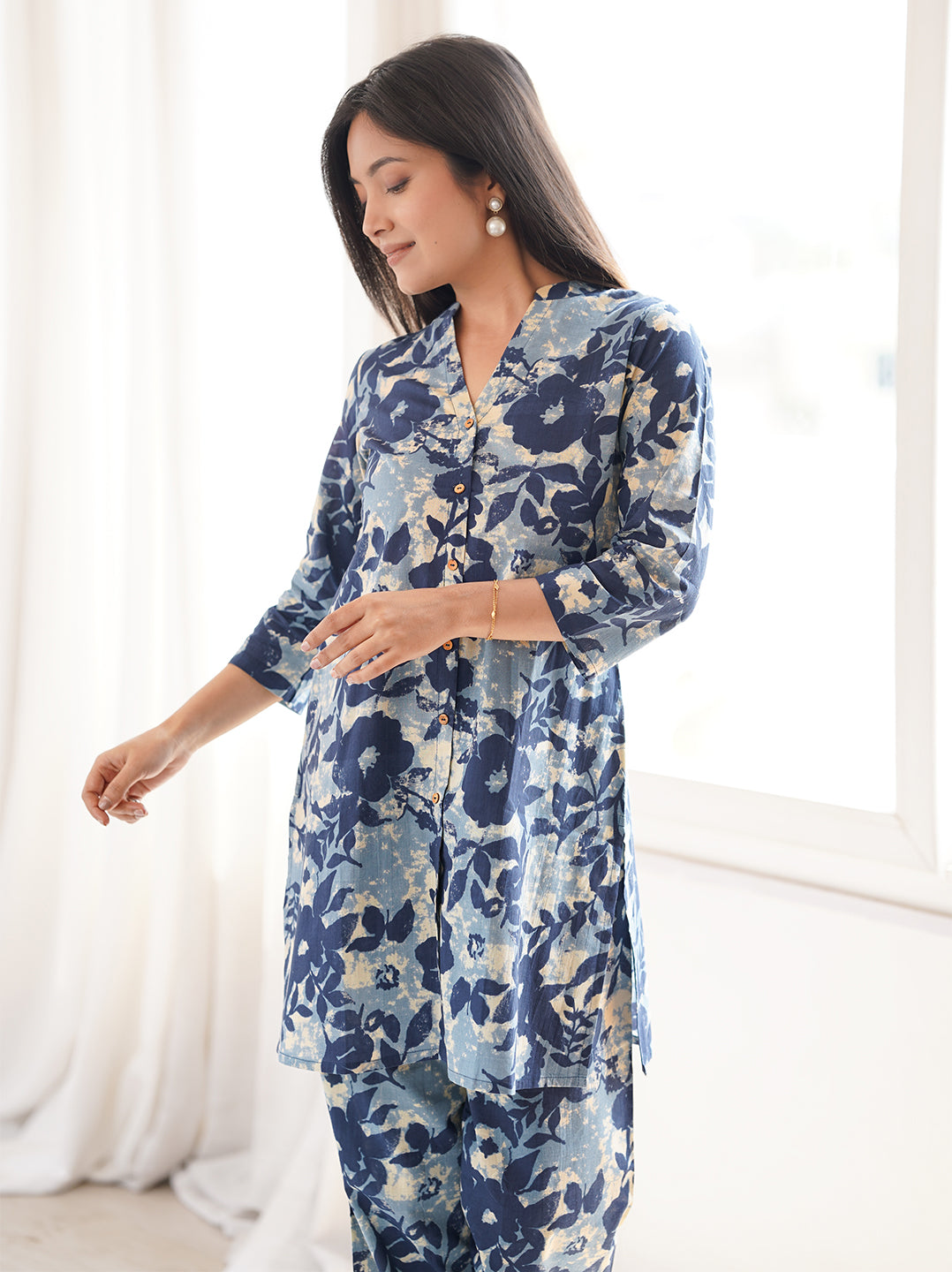 Indigo Cotton Floral Regular Co-ord Set