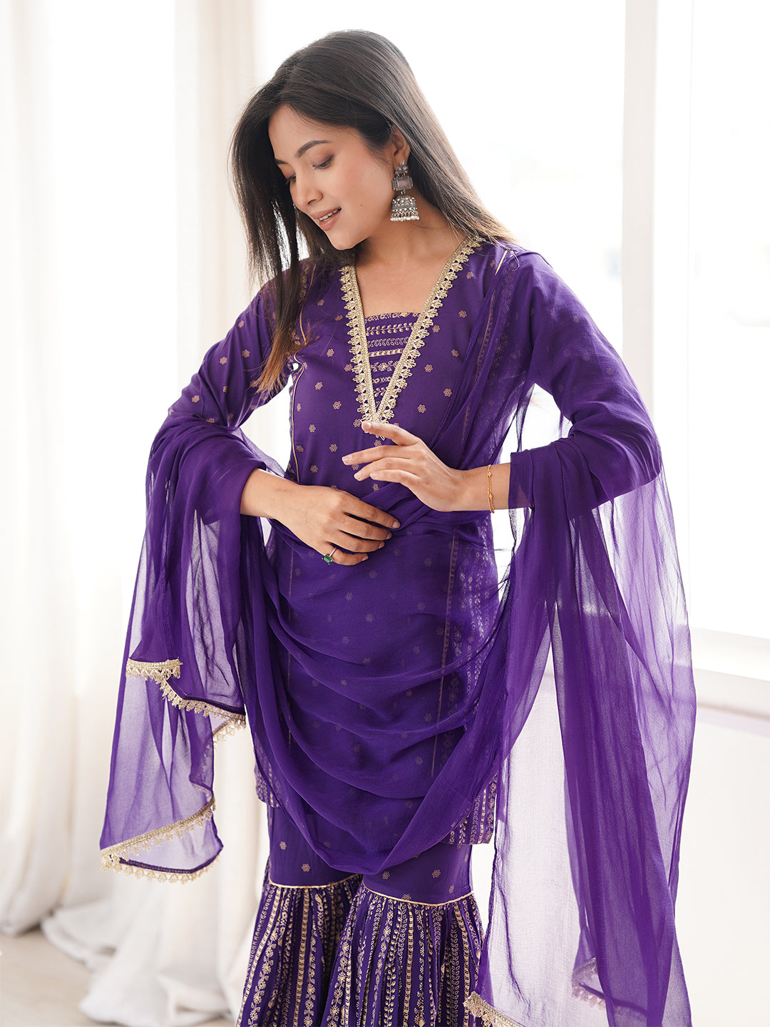 Janasya Women's Purple Rayon Gold Printed Short Kurti With Sharara & Dupatta Set