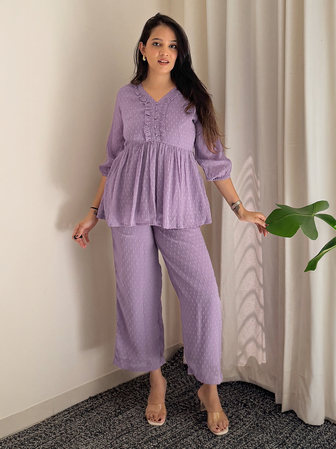 Janasya Women's Lavender Dobby Chiffon Self Design Peplum Co-Ord Set