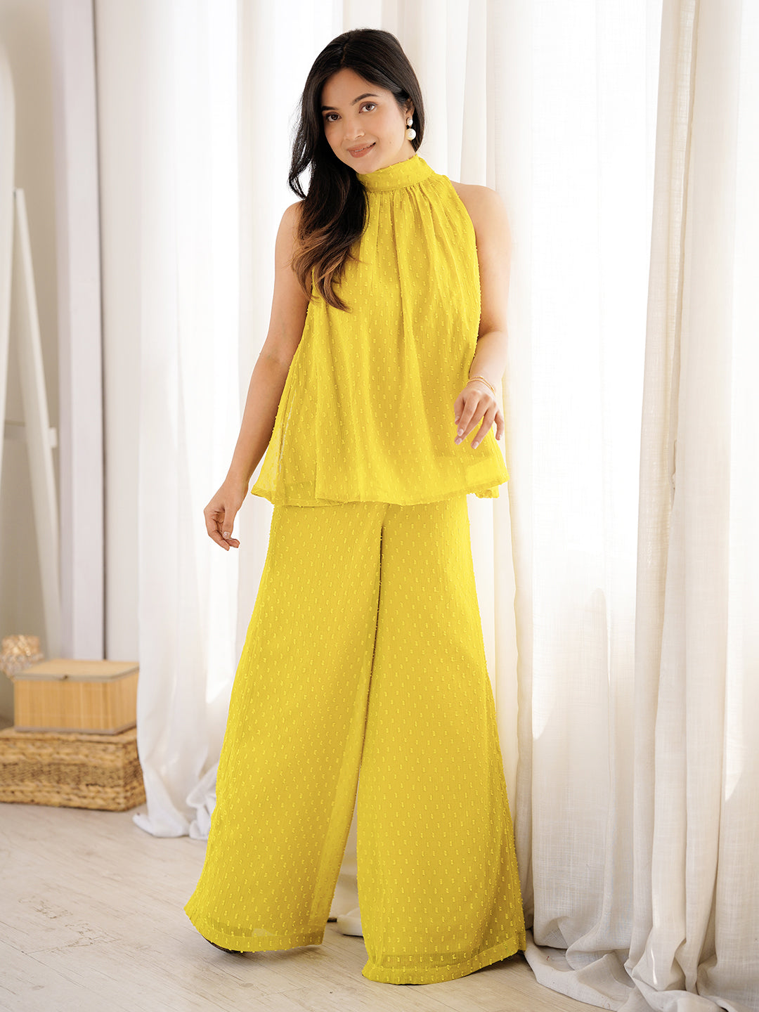 Yellow Dobby Chiffon Solid Co-ord Set