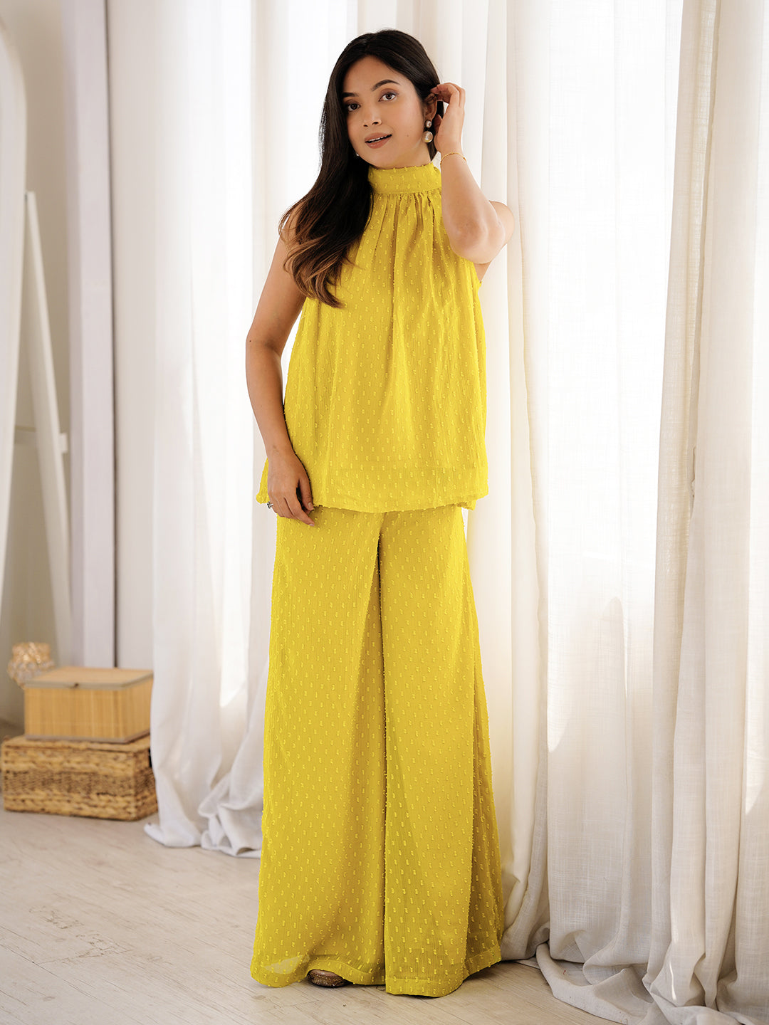 Yellow Dobby Chiffon Solid Co-ord Set