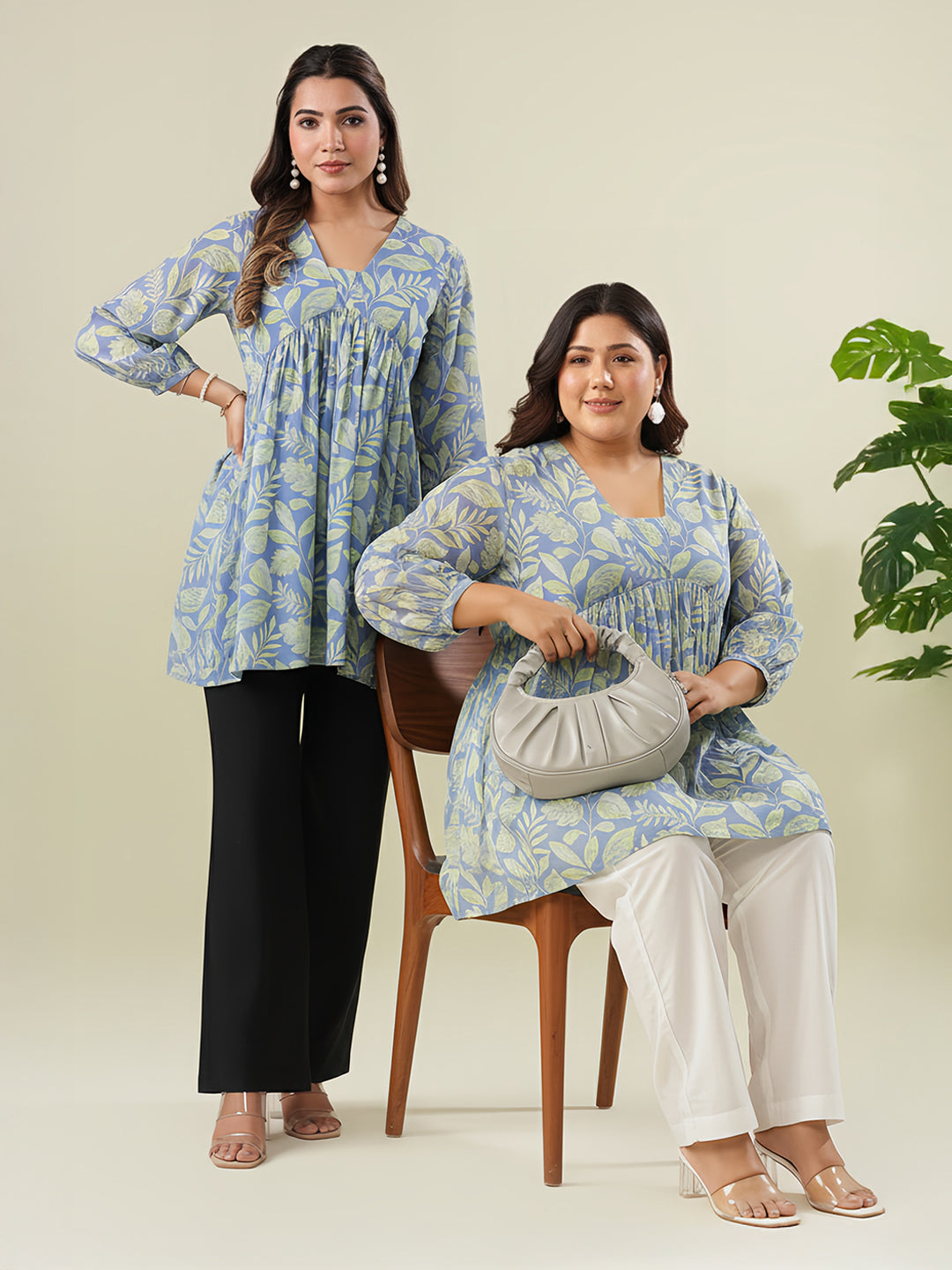 Plus Size Blue Georgette Tropical Printed A-line Tunic