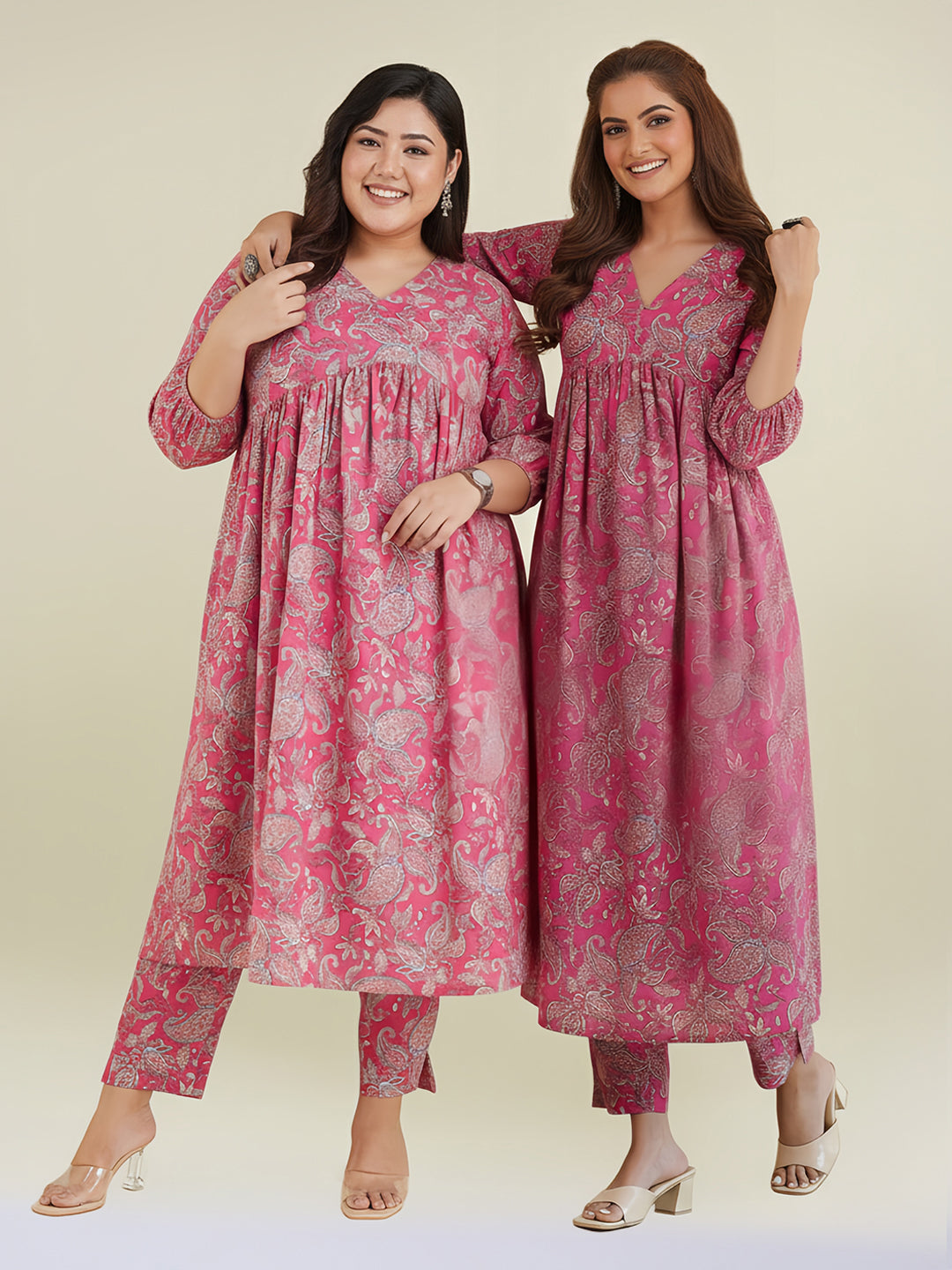 Janasya Women's Plus Size Pink Pure Cotton Floral Printed A-line Kurta Pant Set