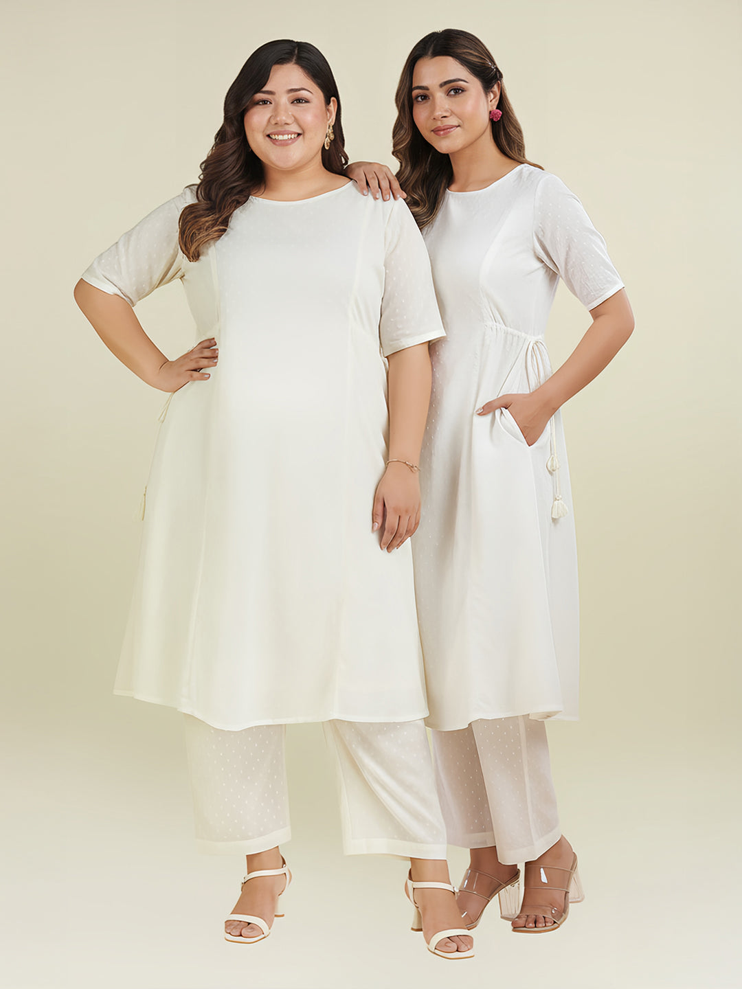 Off White Dobby Pure Cotton Self Design A-line Kurta Pant Set