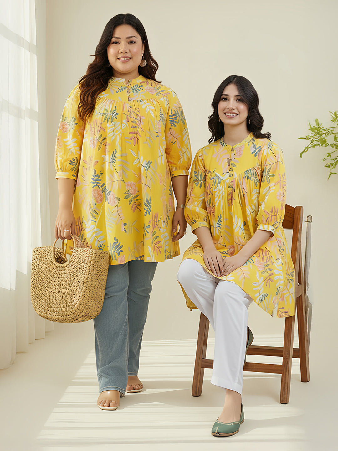 Plus Size Yellow Pure Cotton Tropical Printed A-line Tunic
