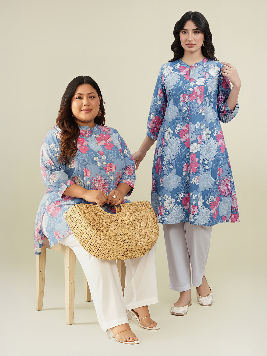 Plus Size Blue Pure Cotton Floral Printed A-line Tunic