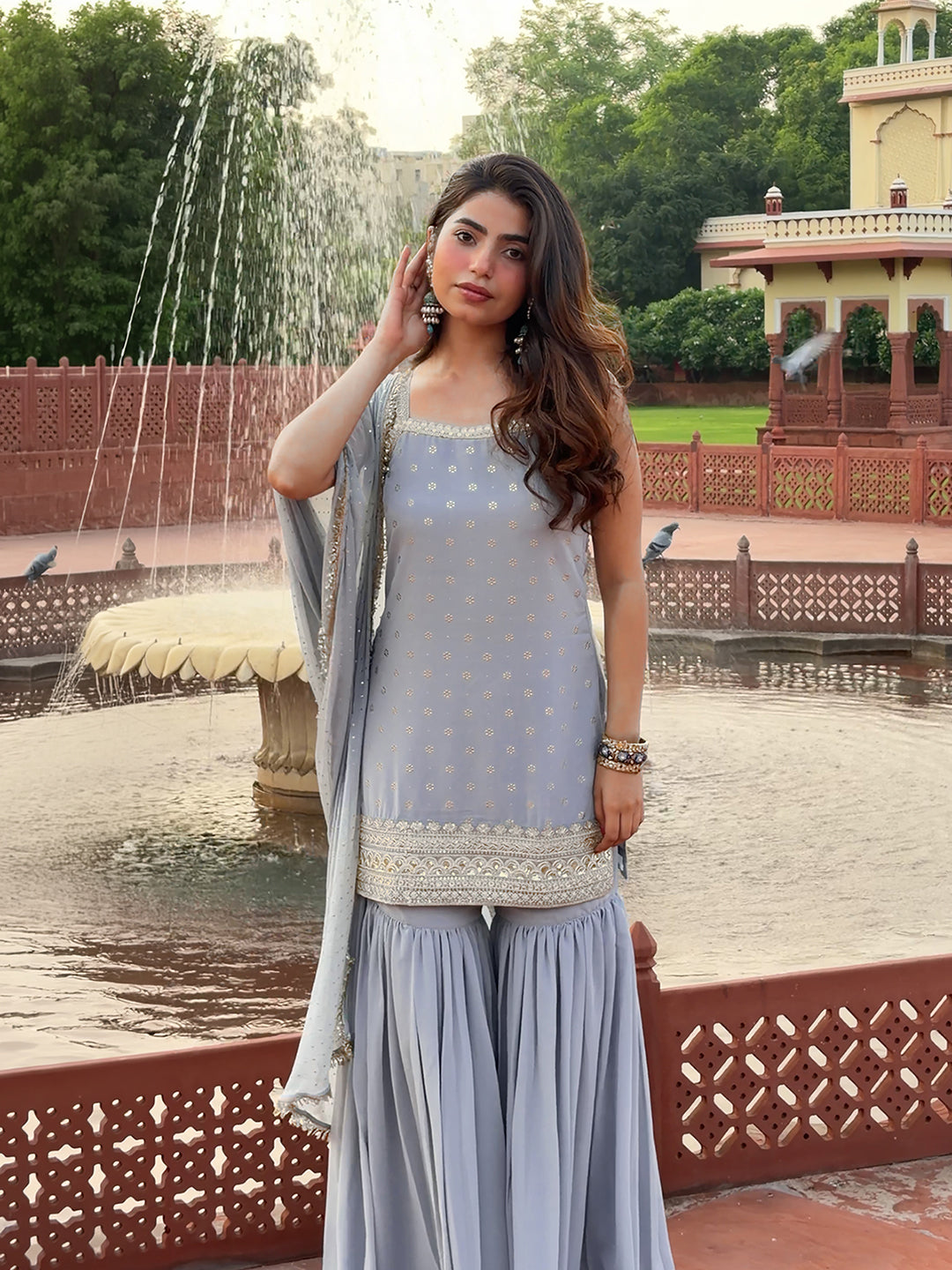 Janasya Women's Grey Blue Georgette Floral Embroidered Gold Foil Printed Straight Kurta with Sharara and Dupatta Set