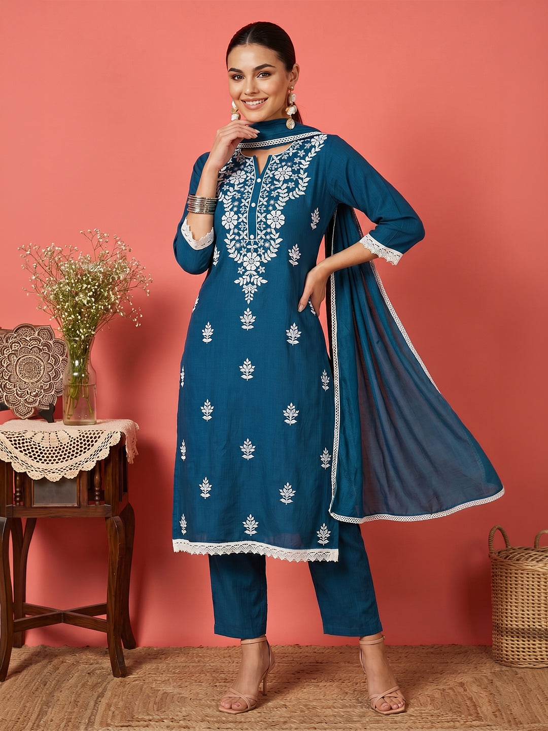 Janasya Women's Teal Blue Silk Blend Embroidered Straight Kurta Set
