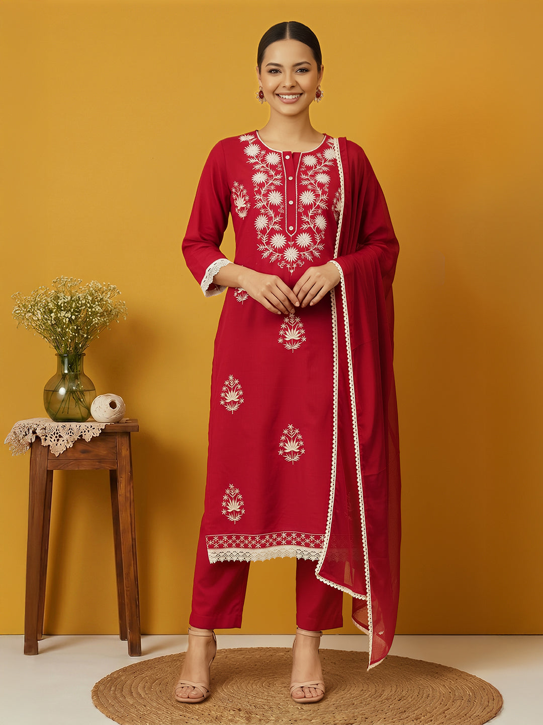 Janasya Women's Maroon Silk Blend Embroidered Straight Kurta Set