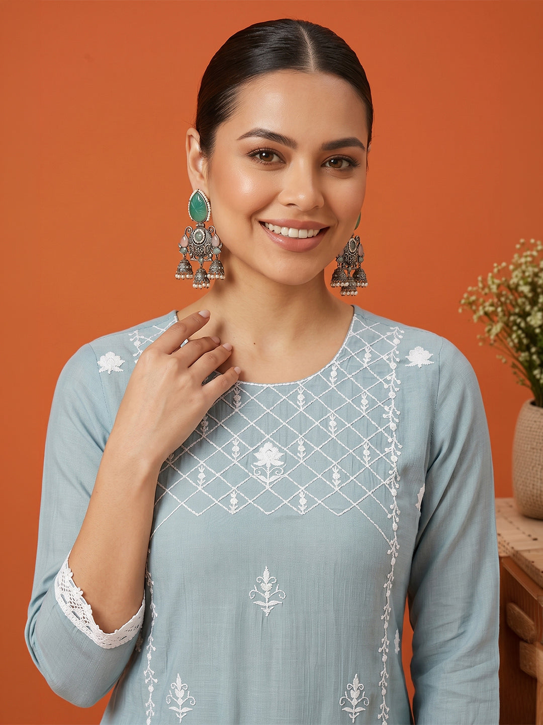 Janasya Women's Powder Blue Silk Blend Embroidered Straight Kurta Set