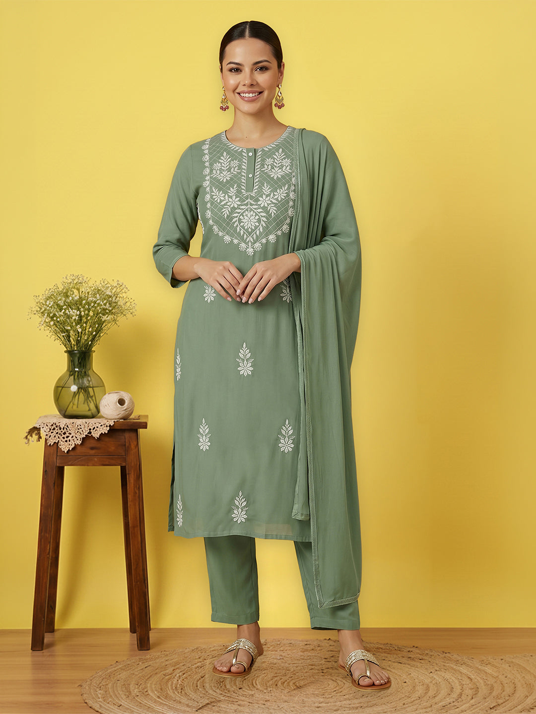 Janasya Women's Sage Green Silk Blend Embroidered Straight Kurta Set