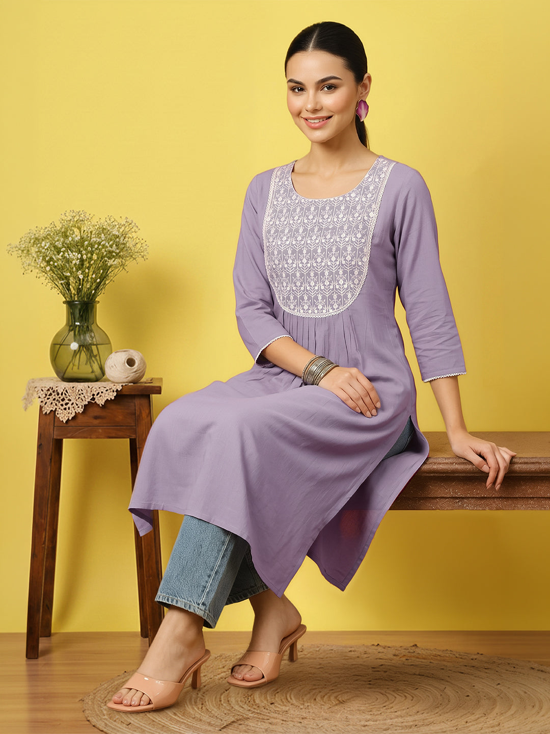 Janasya Women's Lavender Pure Cotton Yoke Embroidered A-Line Kurta