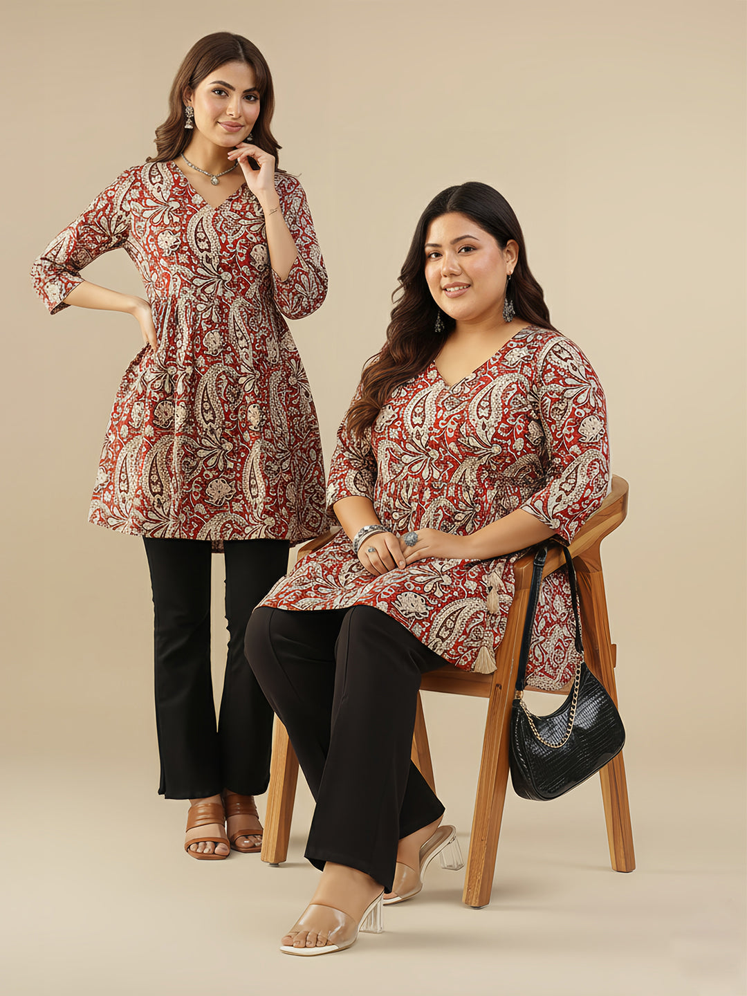 Plus Size Maroon Pure Cotton Paisley Printed Peplum Tunic