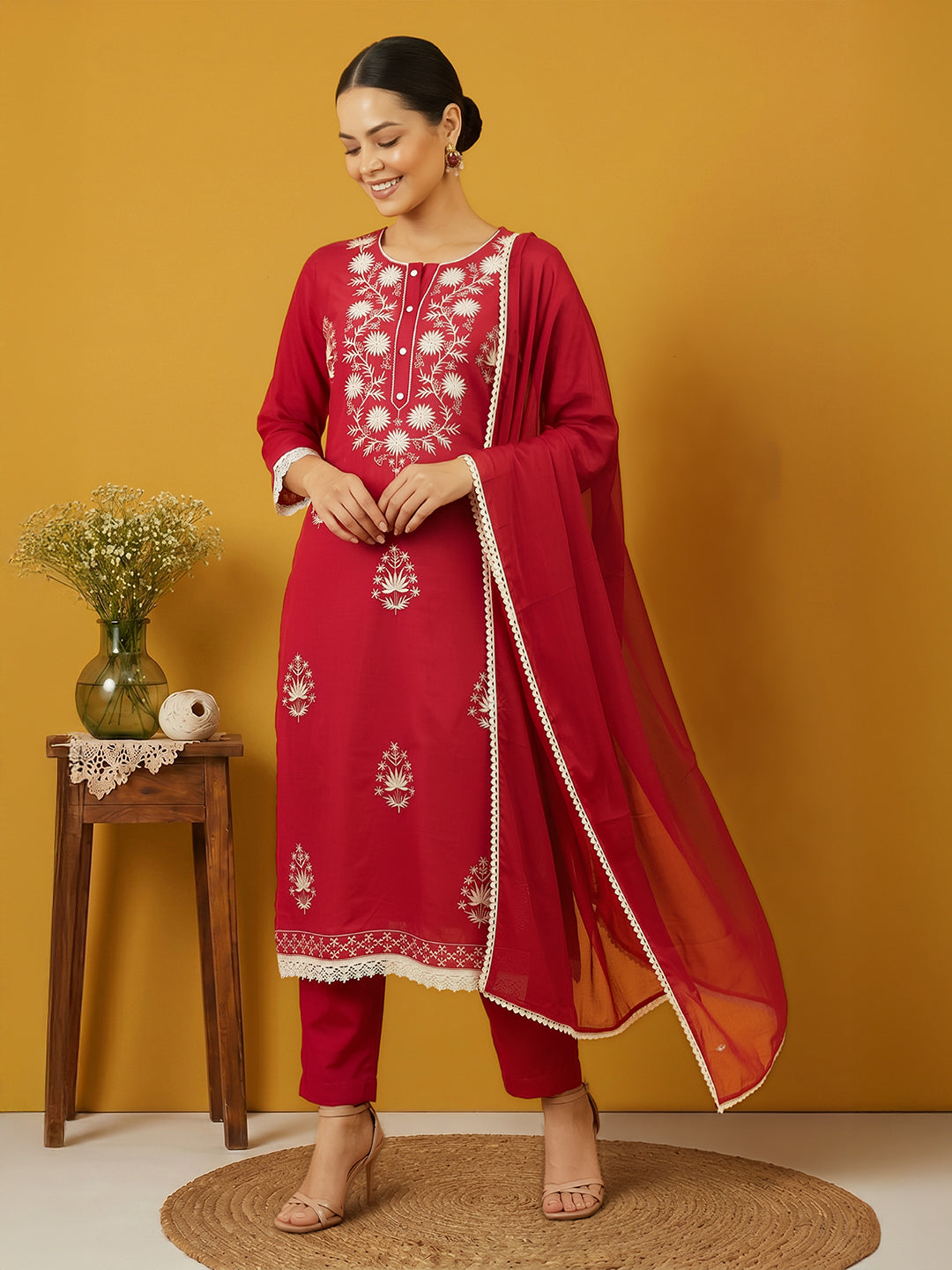 Janasya Women's Maroon Silk Blend Embroidered Straight Kurta Set