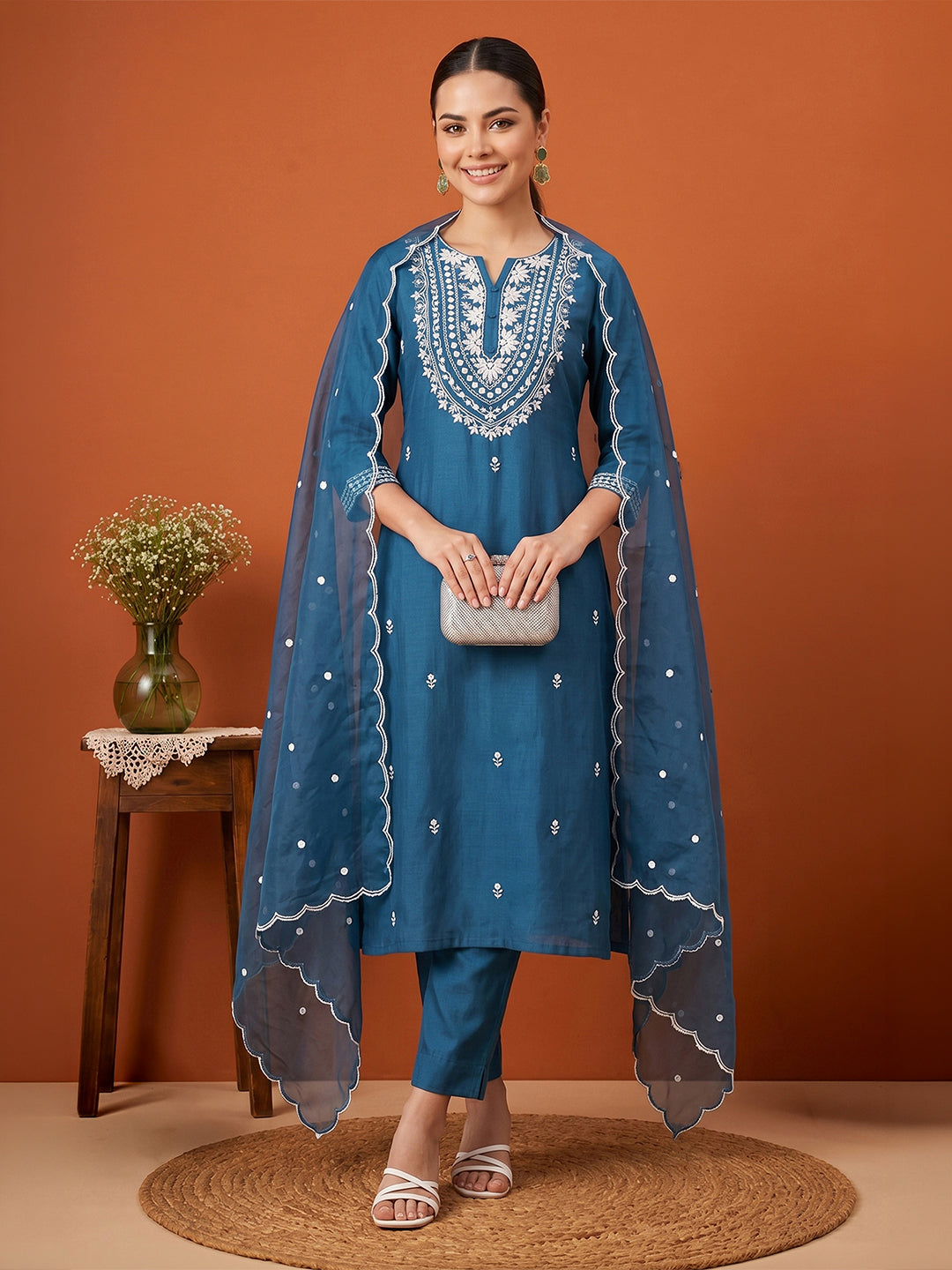 Janasya Women's Teal Blue Silk Blend Embroidered Straight Kurta Set