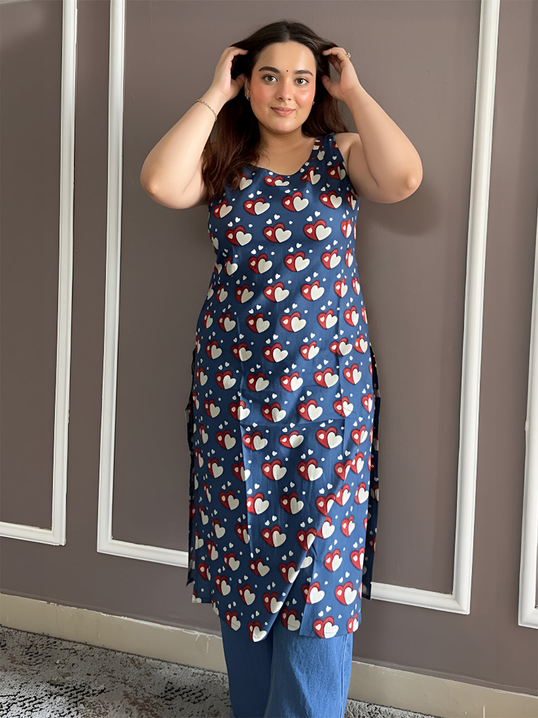 Janasya Women's Dark Blue Pure Cotton Printed Straight Kurta