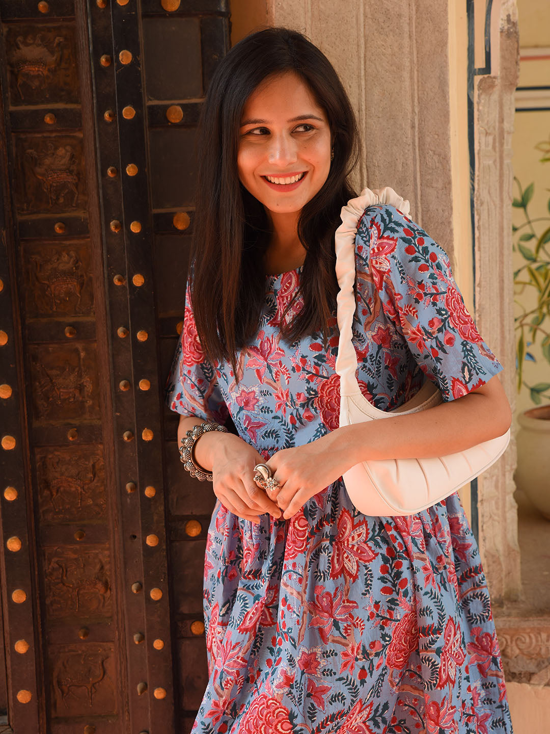 Blue Cotton Floral Print Flared Western Dress