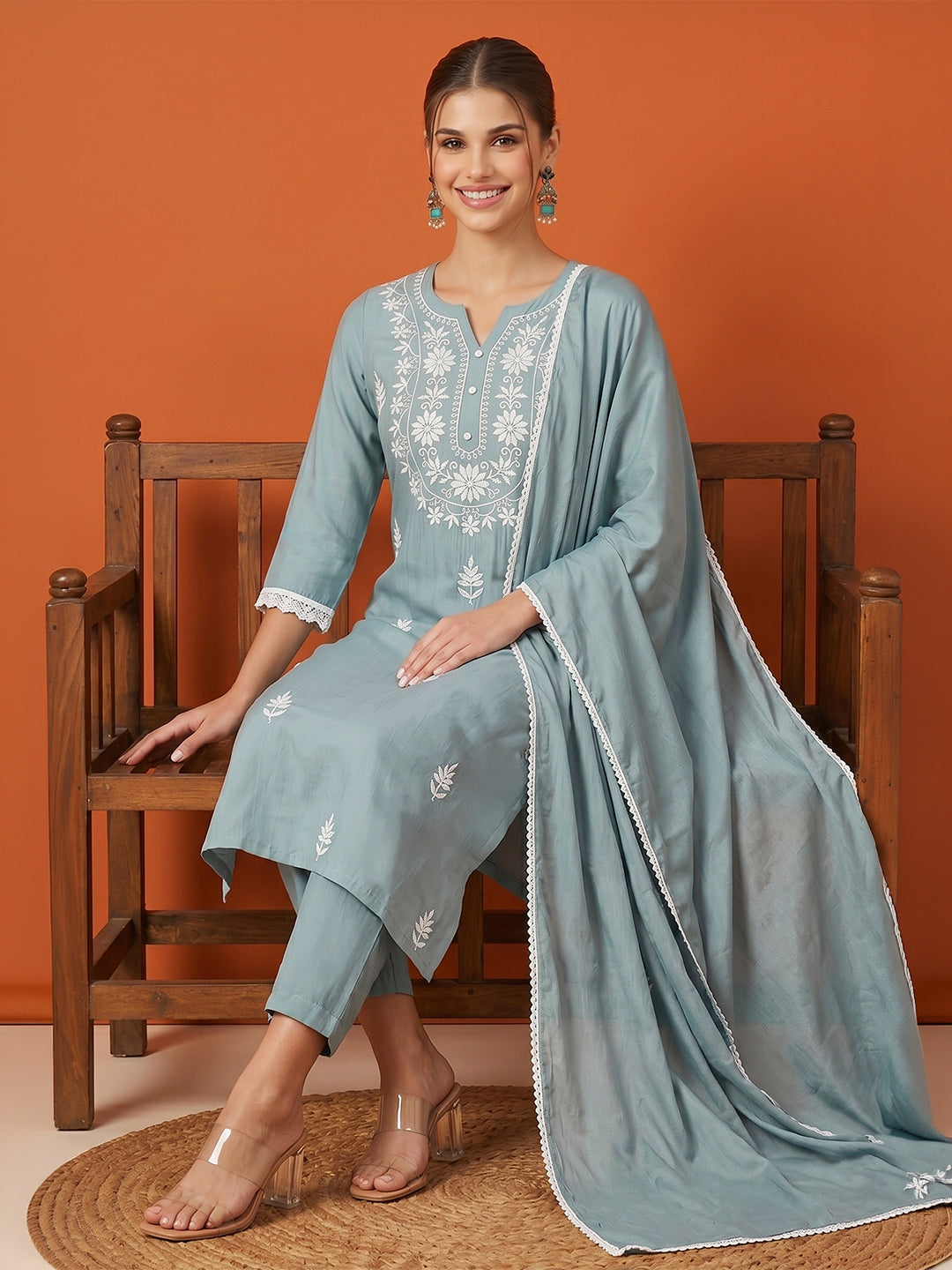 Janasya Women's Powder Blue Silk Blend Embroidered Straight Kurta Set