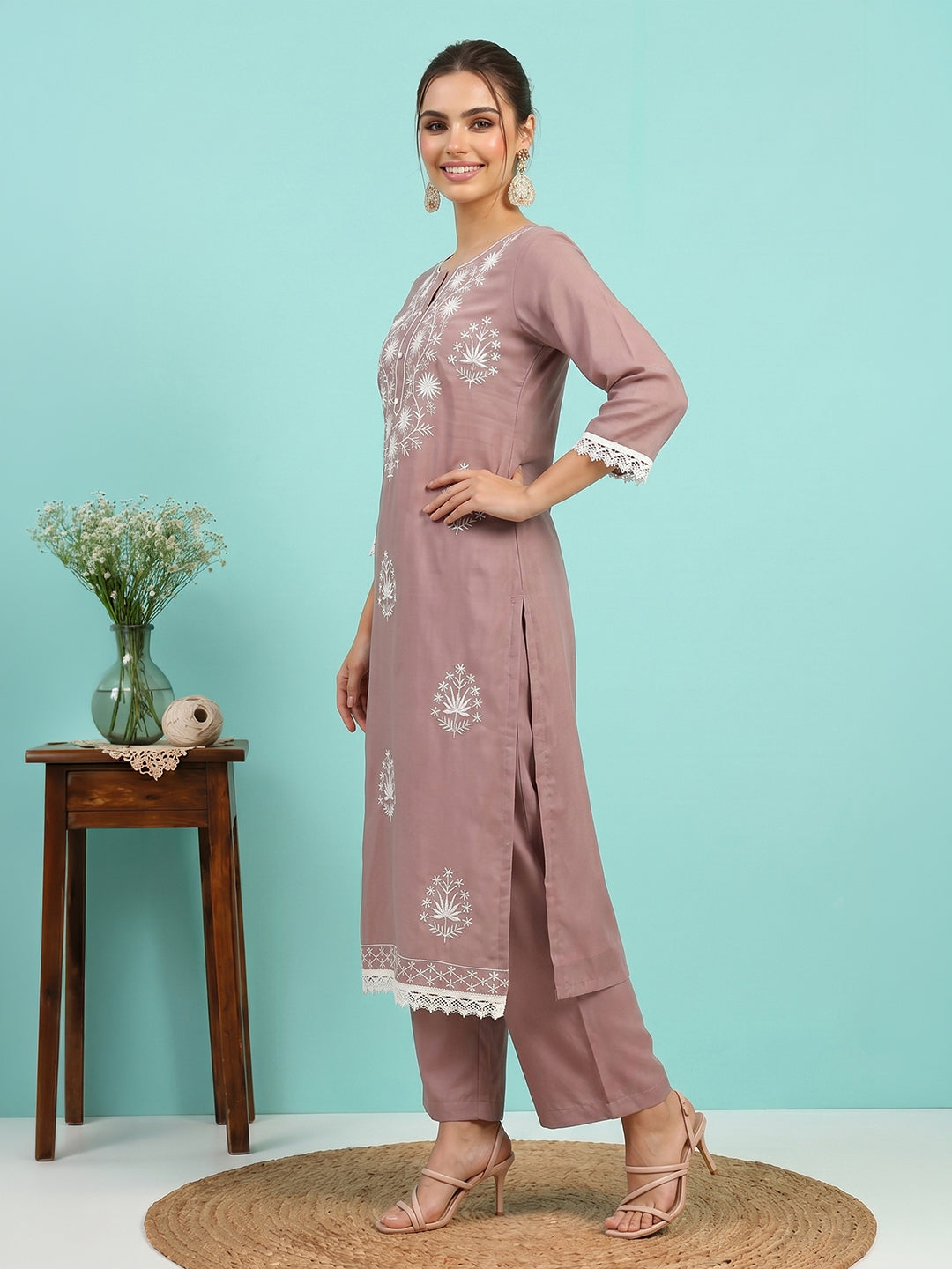 Janasya Women's Brown Silk Blend Embroidered Straight Kurta Set