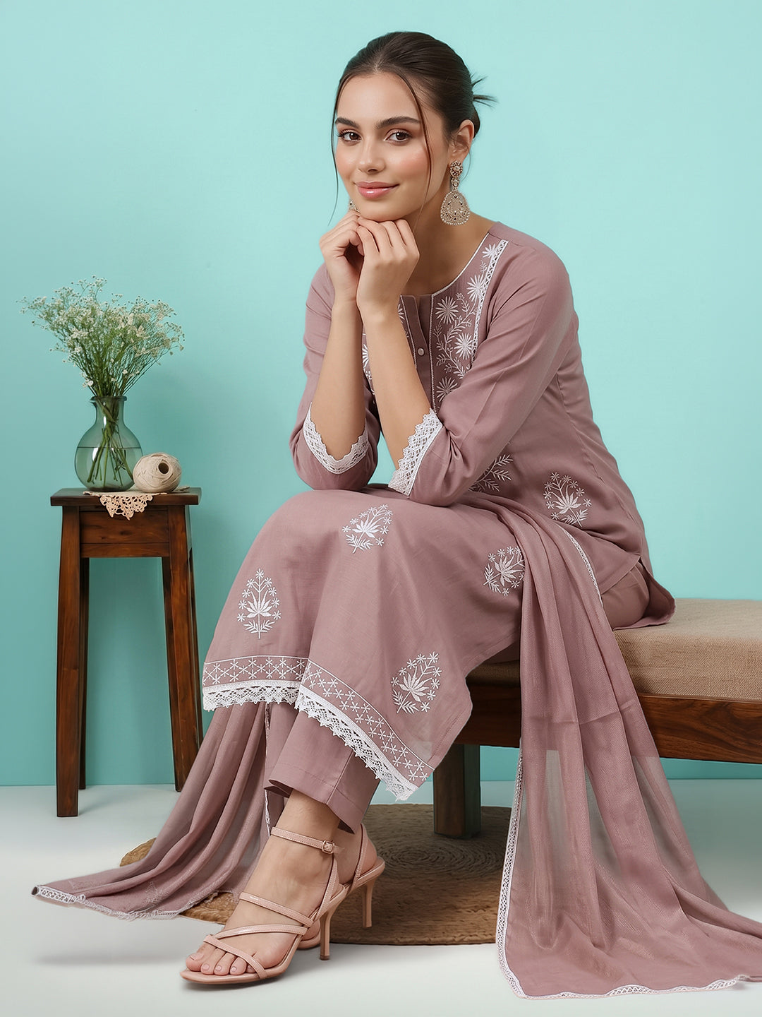 Janasya Women's Brown Silk Blend Embroidered Straight Kurta Set