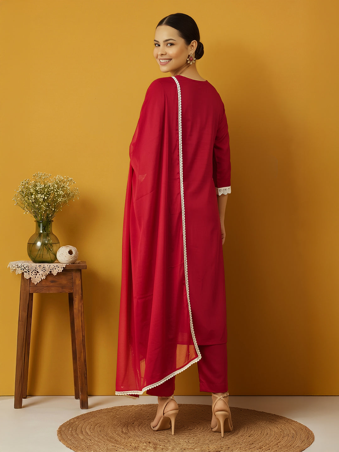 Janasya Women's Maroon Silk Blend Embroidered Straight Kurta Set