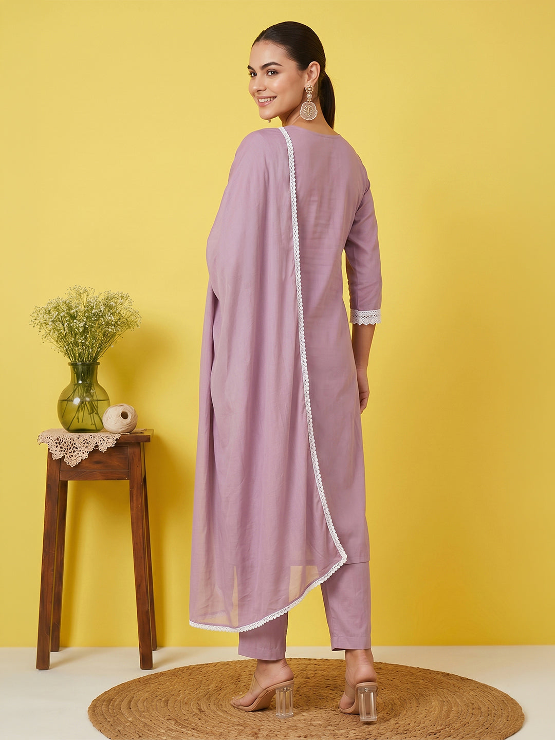 Janasya Women's Lavender Silk Blend Embroidered Straight Kurta Set