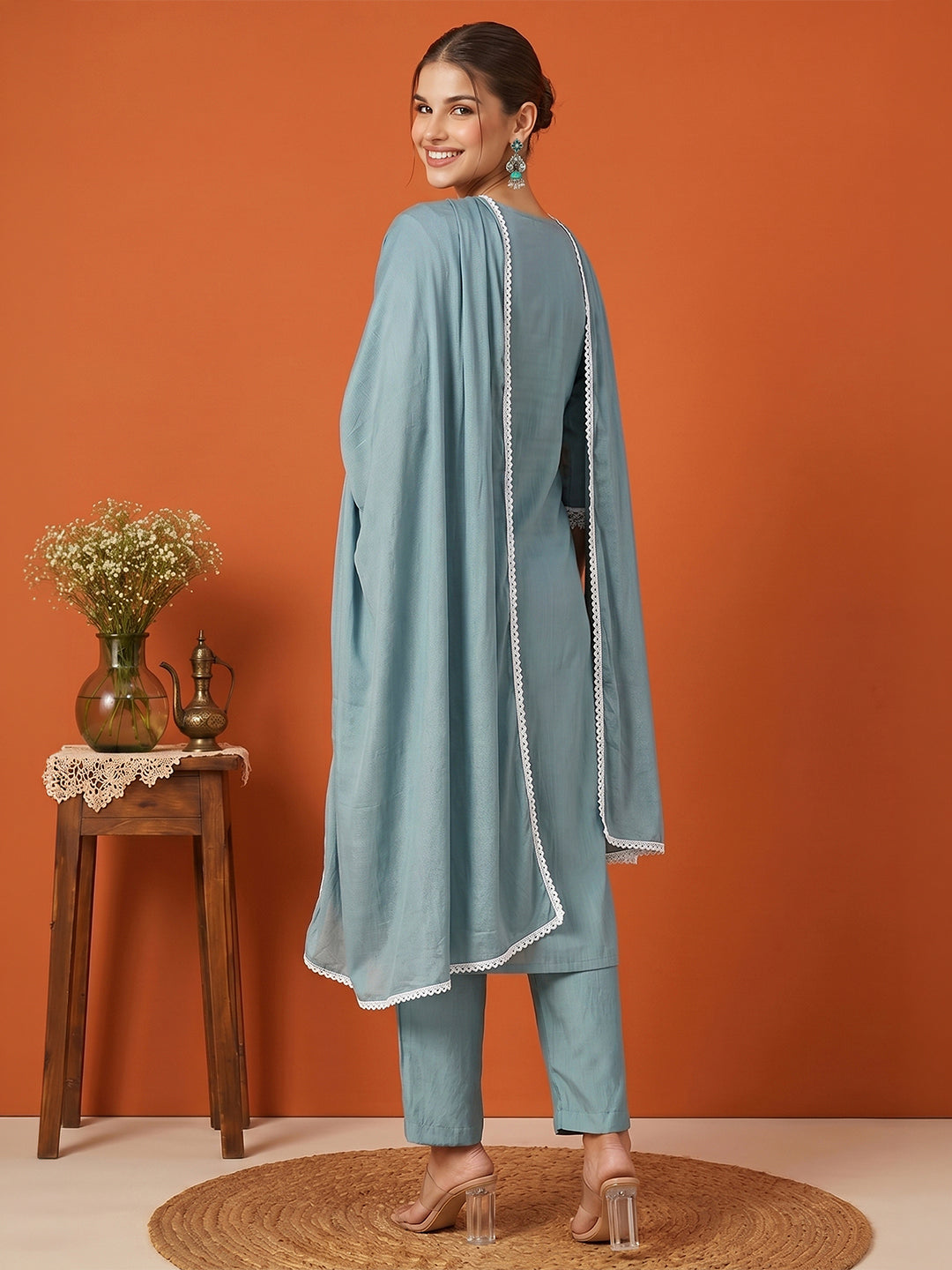 Janasya Women's Powder Blue Silk Blend Embroidered Straight Kurta Set