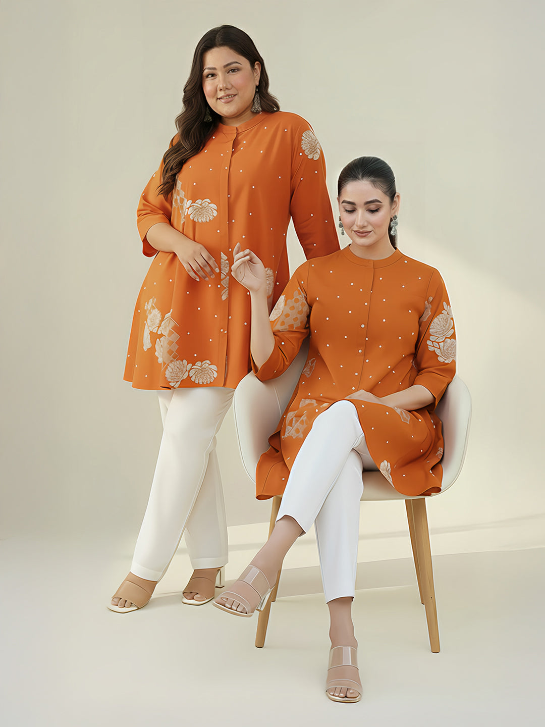 Plus Size Orange Pure Cotton Floral Printed A-line Tunic