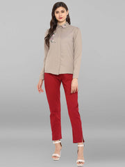 Red Cotton Solid Casual Pant