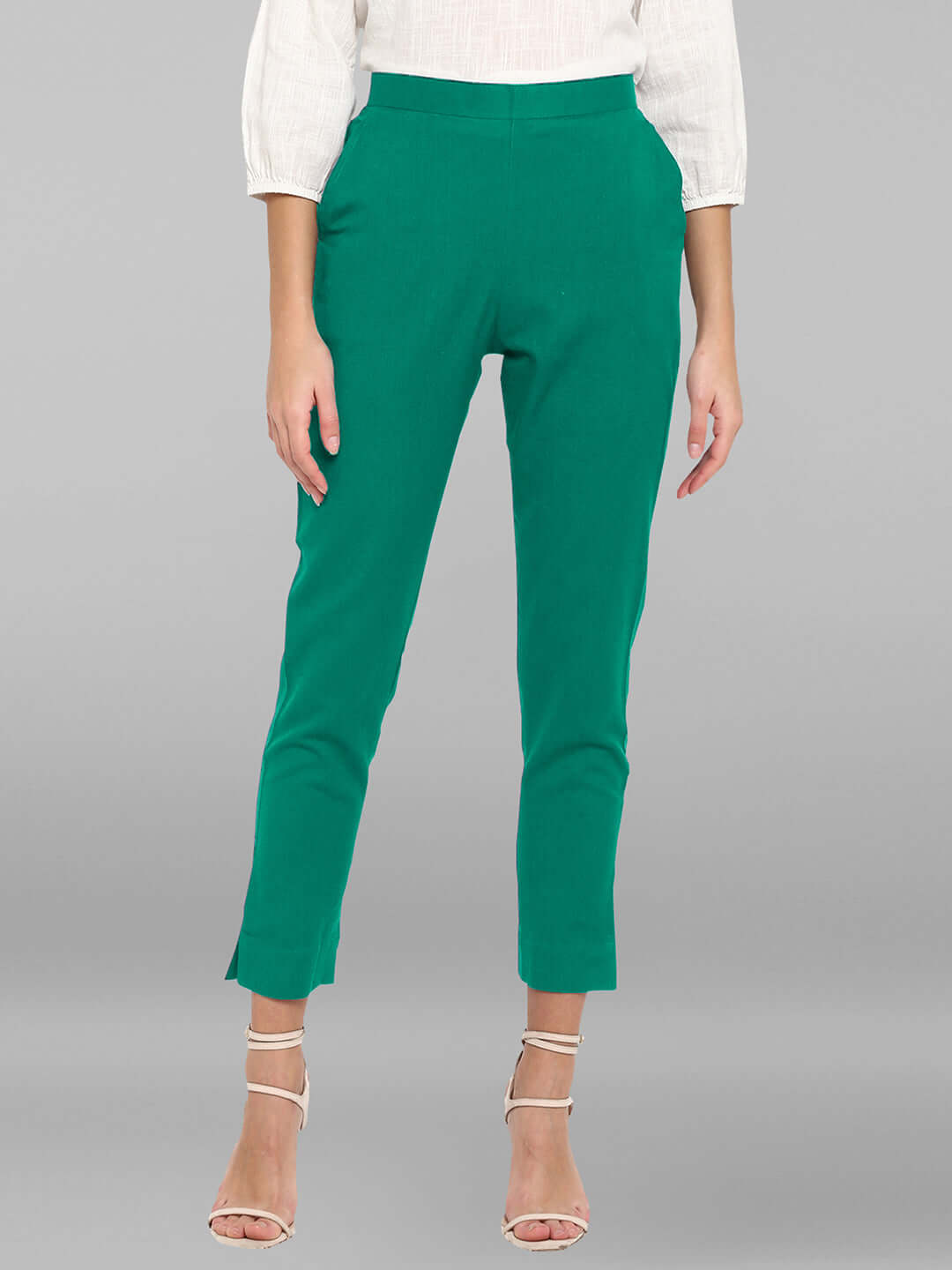 Teal Green Cotton Solid Casual Pant