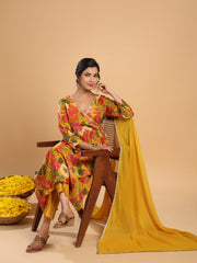 Mustard Chanderi Blend Floral Angrakha Kurta Set