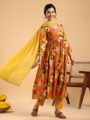 Mustard Chanderi Blend Floral Angrakha Kurta Set
