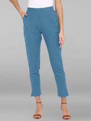 Blue Cotton Solid Casual Pant
