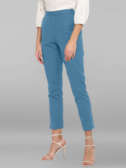 Blue Cotton Solid Casual Pant