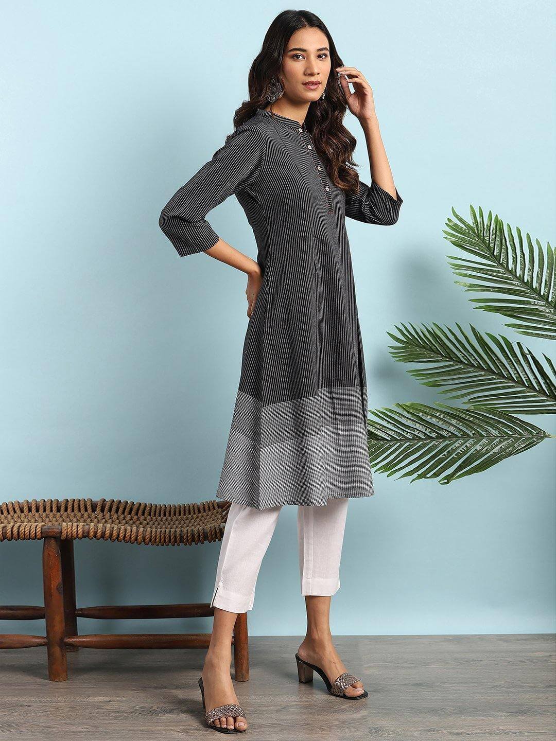 Buy HAPPY DESIGN Women's Cotton White-Grey Strip Casual 3/4th Sleeve Round  Neck A-line Kurti at Amazon.in