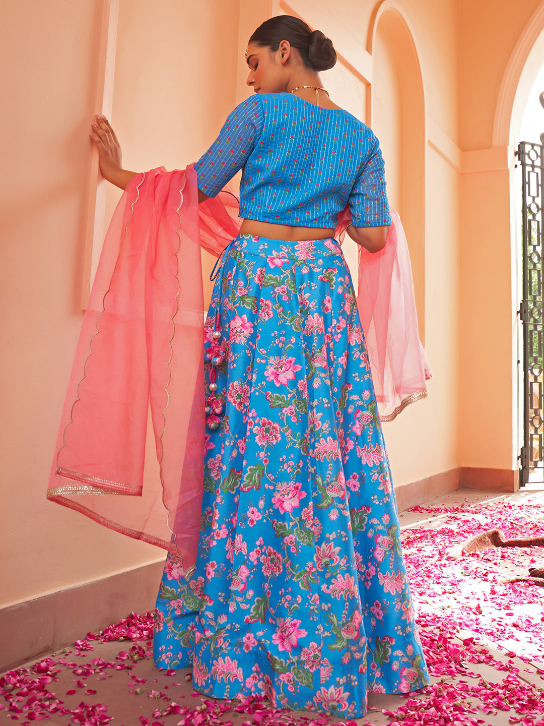 Shop Laaya Blue Printed Hand Embroidered Satin Lehenga Set for Women Online  in India at Aachho
