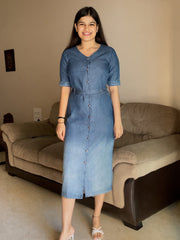 Blue Denim Solid Straight Western Dress Janasya