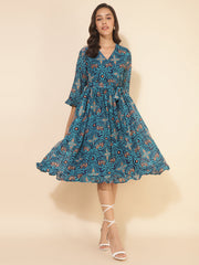 Blue Dobby Georgette Ikkat Printed Flared Dress Janasya