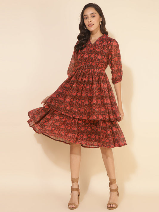 Brown Dobby Georgette Ikkat Printed Flared Dress Janasya