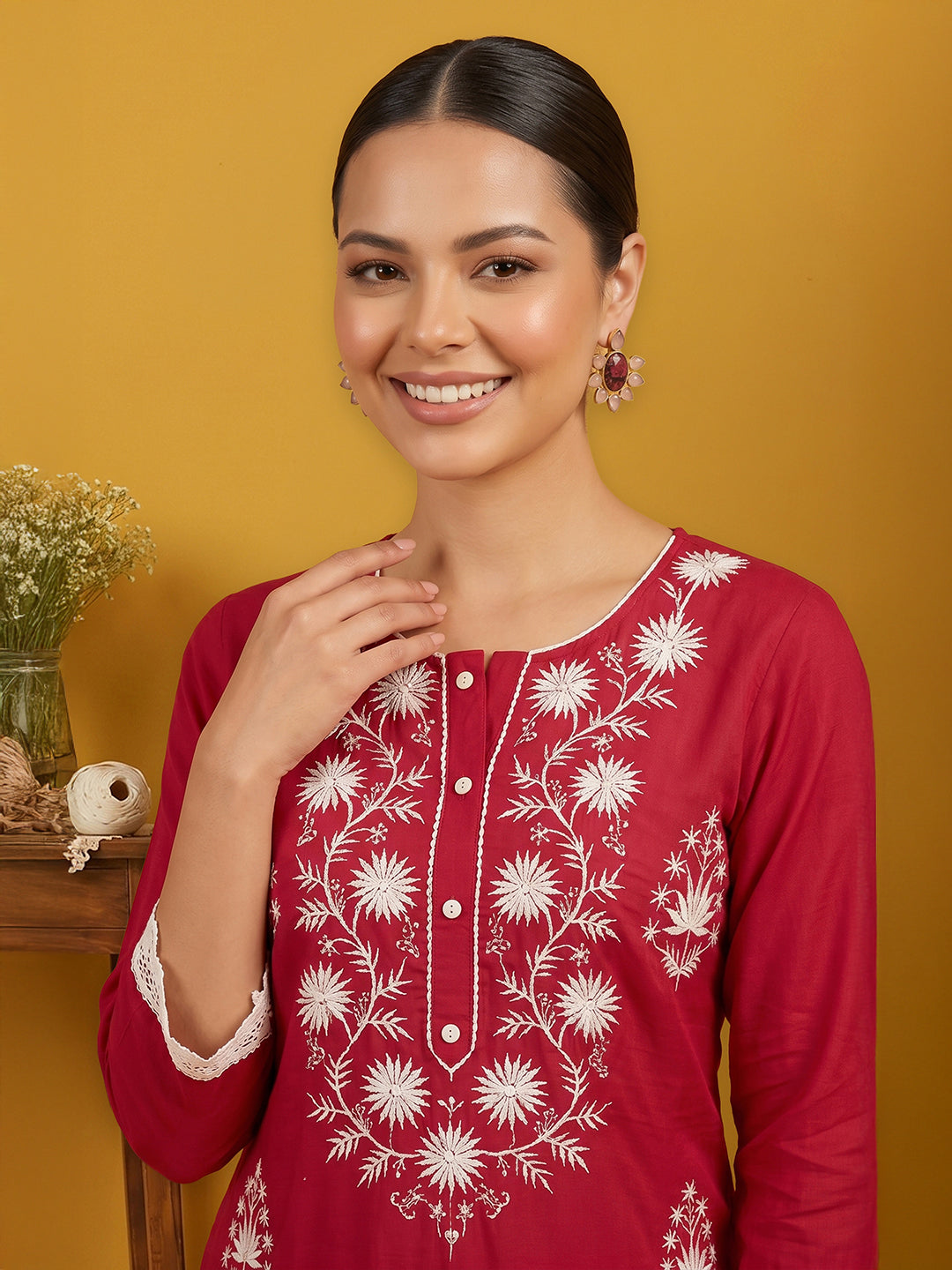 Janasya Women's Maroon Silk Blend Embroidered Straight Kurta Set