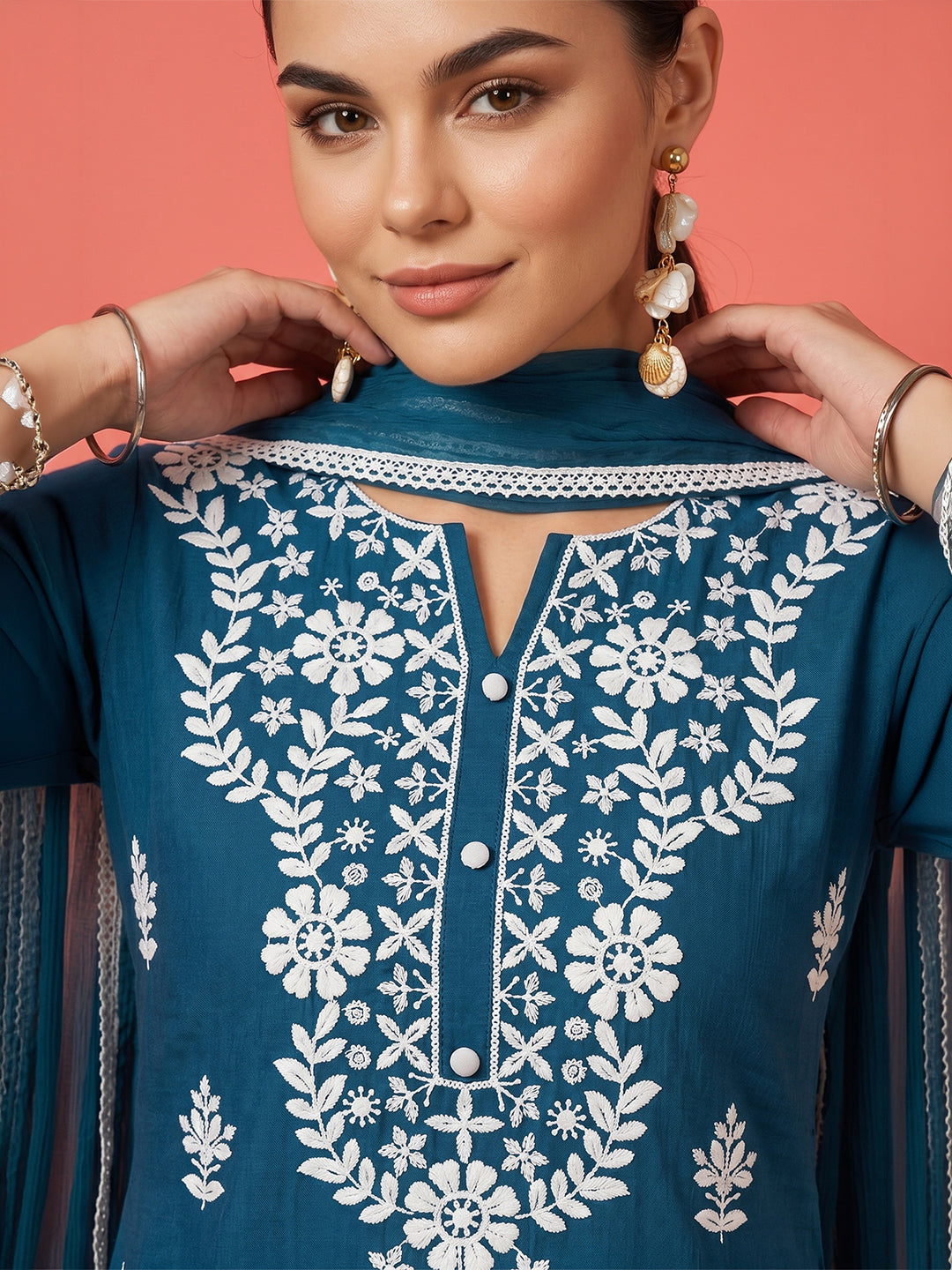 Janasya Women's Teal Blue Silk Blend Embroidered Straight Kurta Set