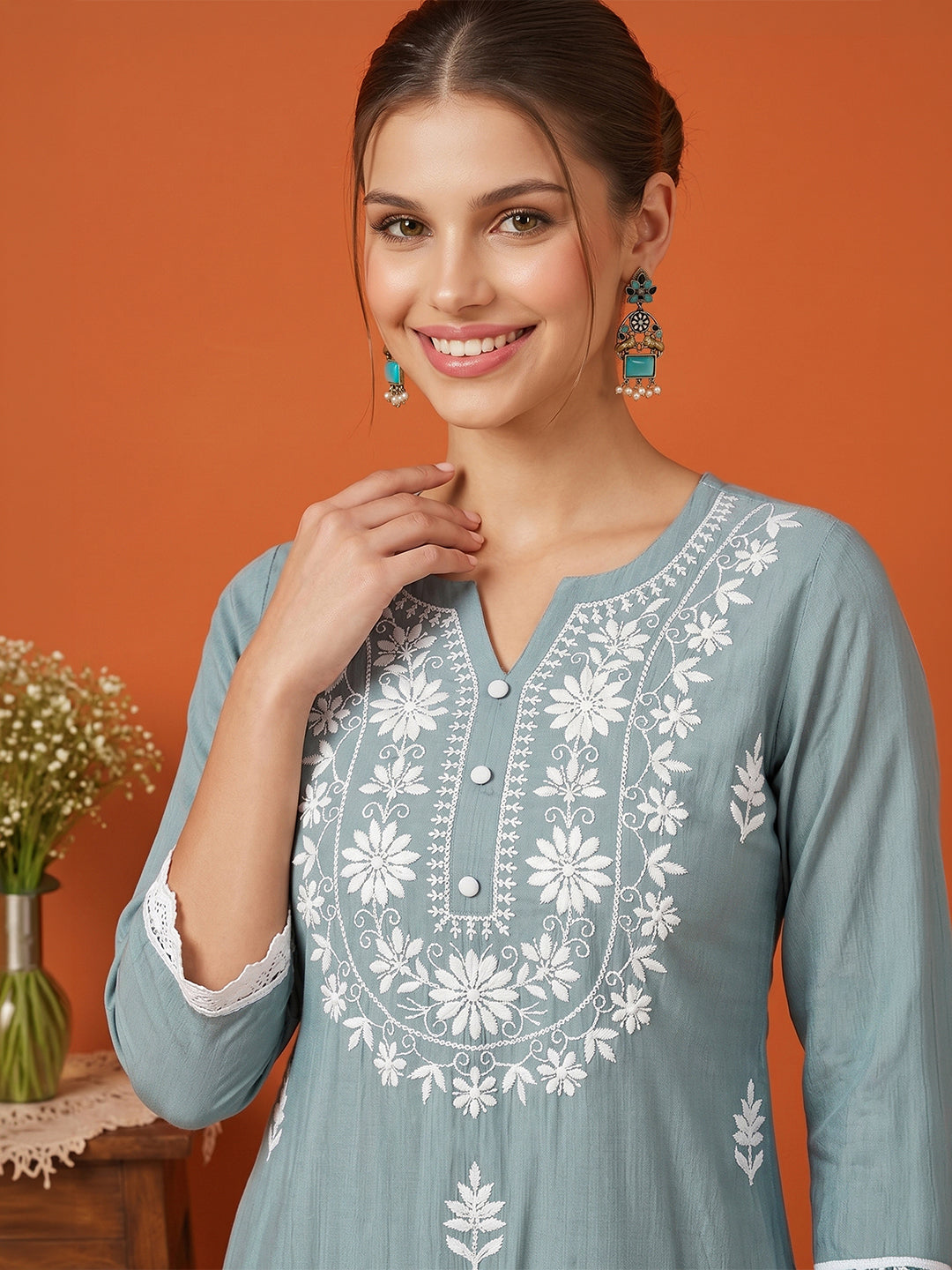 Janasya Women's Powder Blue Silk Blend Embroidered Straight Kurta Set