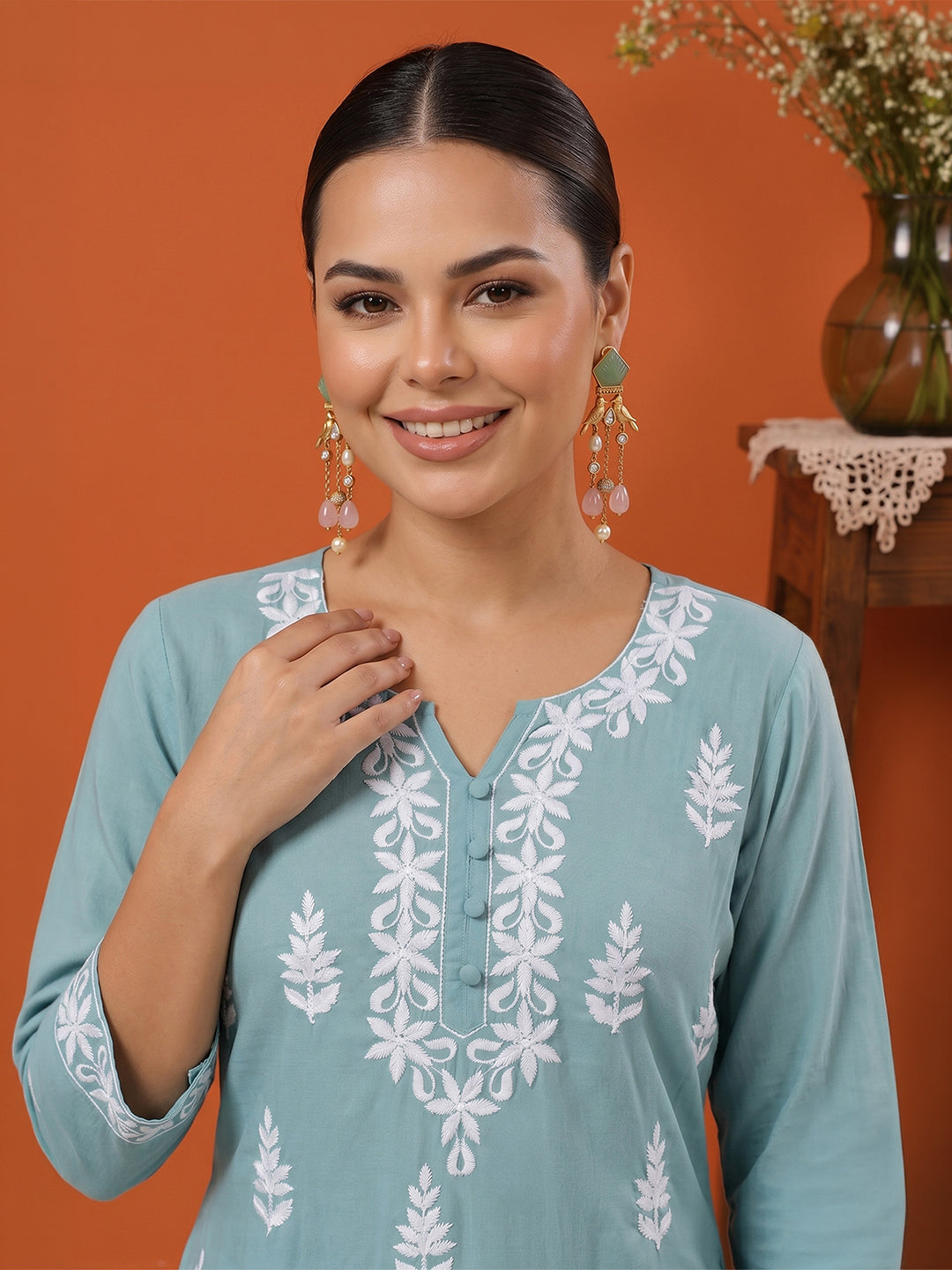 Janasya Women's Light Blue Pure Cotton Embroidered Straight Kurta