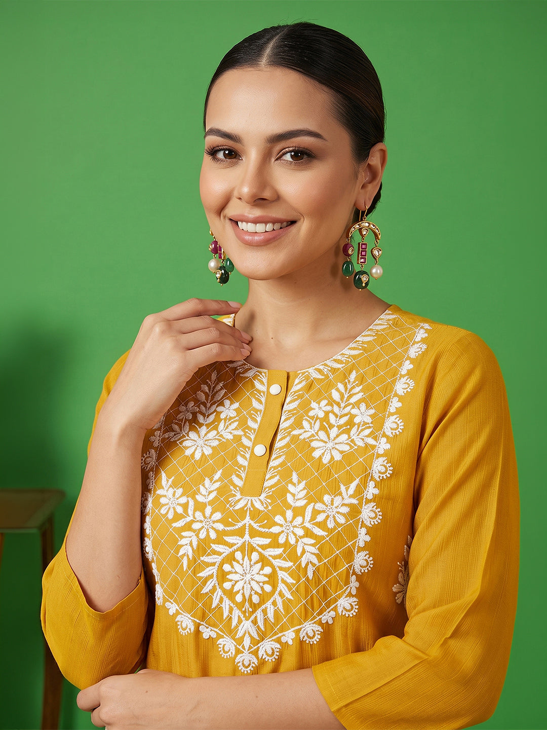 Janasya Women's Mustard Silk Blend Embroidered Straight Kurta Set
