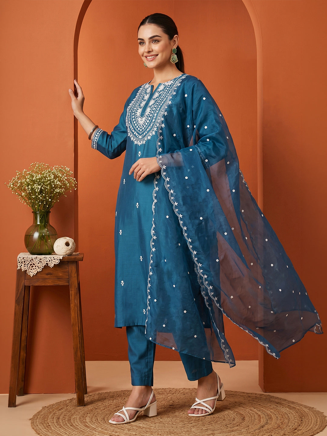 Janasya Women's Teal Blue Silk Blend Embroidered Straight Kurta Set
