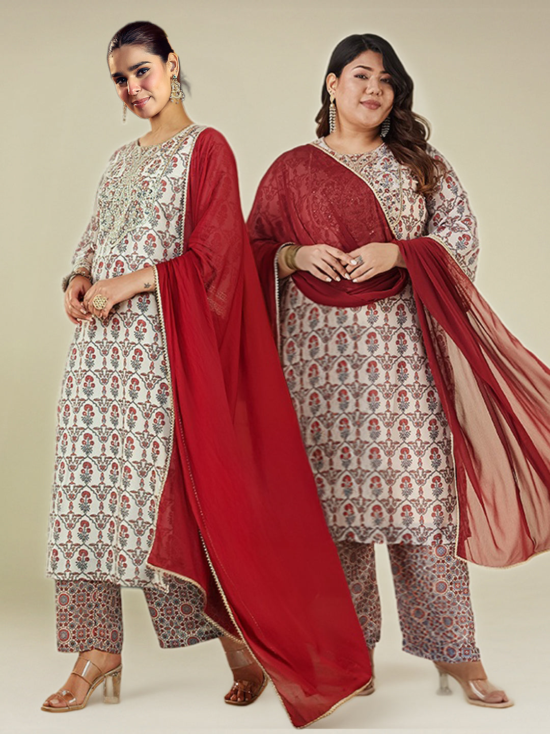 Janasya Women's Plus Size Cream & Maroon Georgette Embroidered Ajrakh Printed Straight Kurta Set