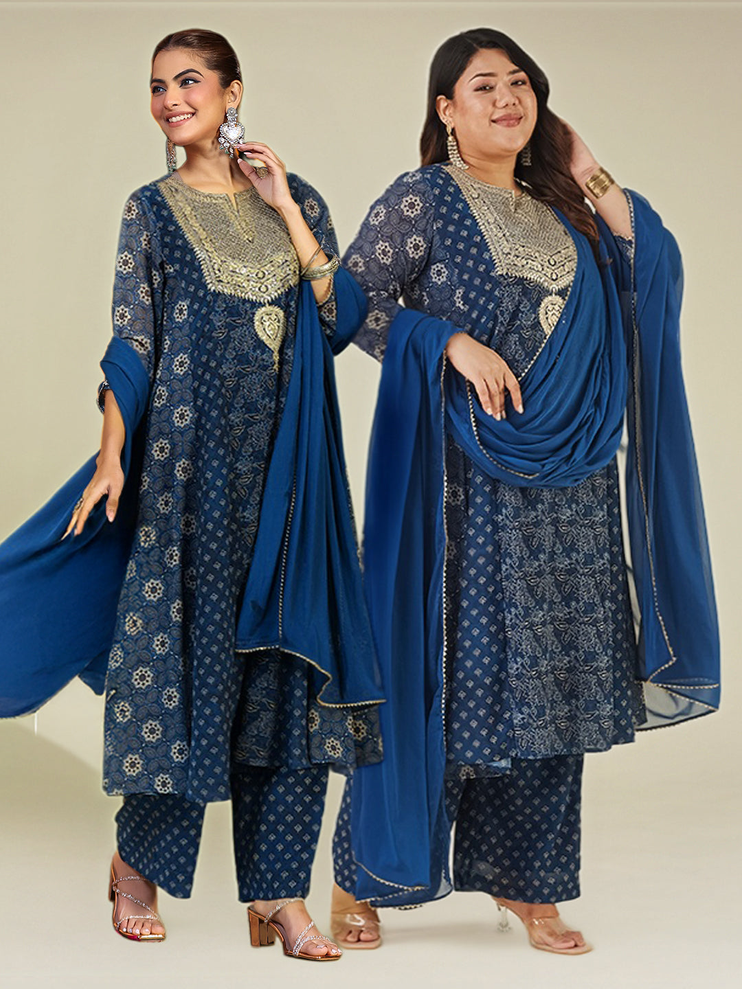 Janasya Women's Plus Size Dark Blue Georgette Ajrakh Printed Embellished Anarkali Kurta Set
