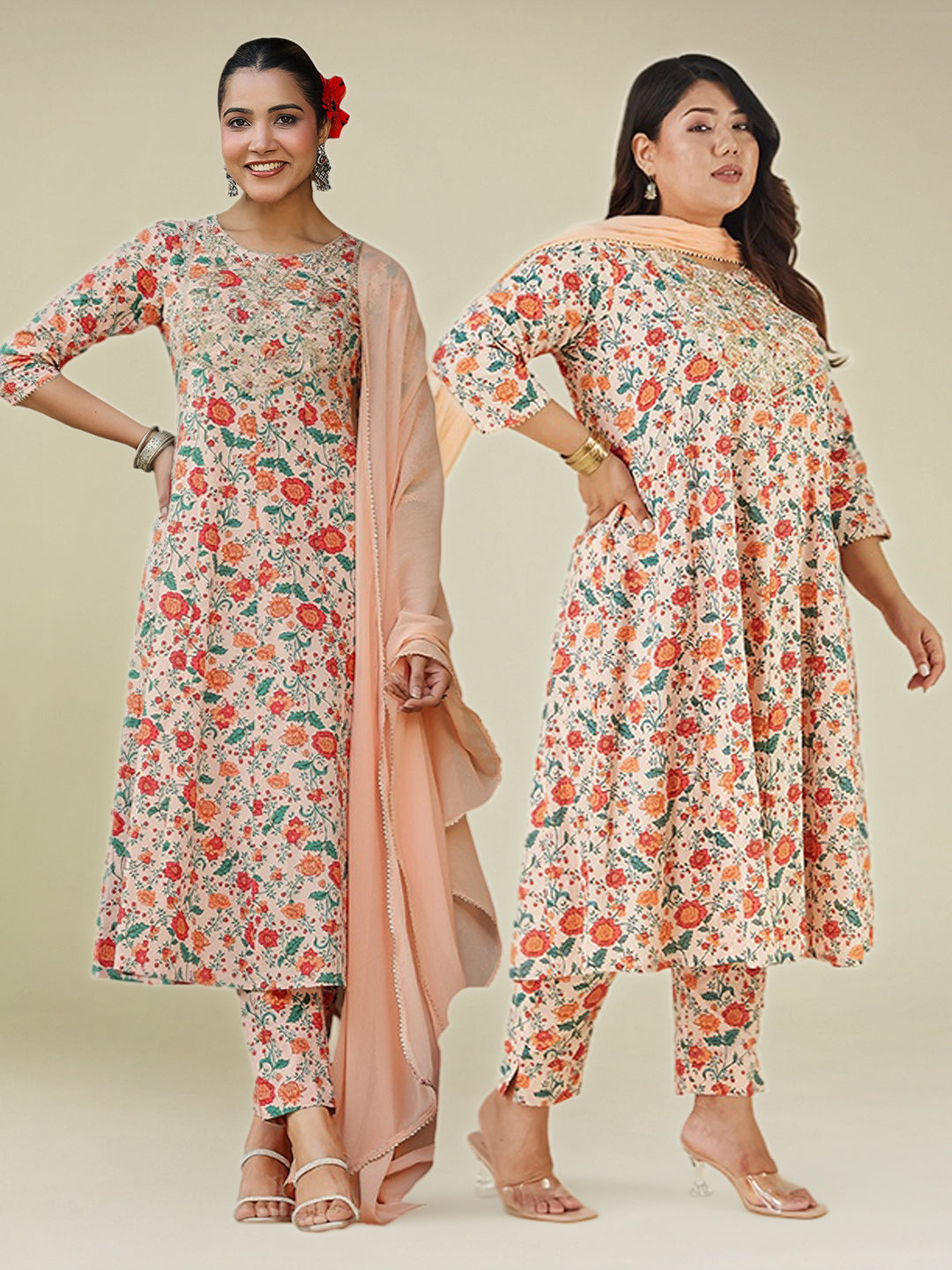 Janasya Women's Plus Size Peach Pure Cotton Floral Printed Zari Embroidered Anarkali Kurta Set