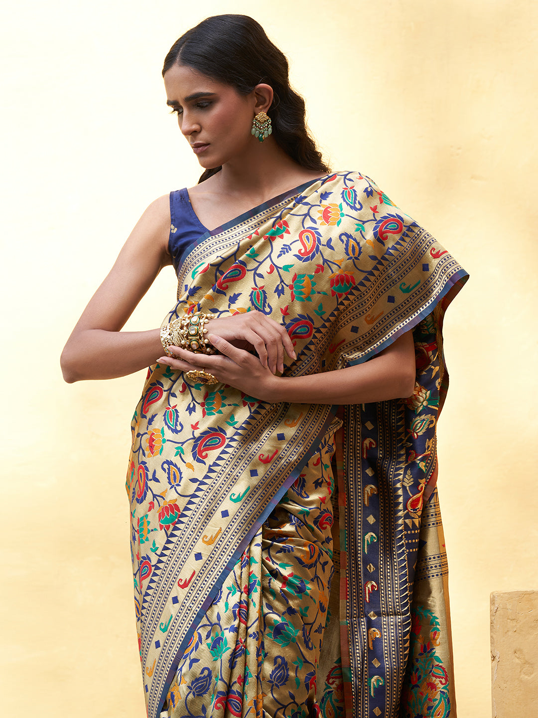 Golden Paithani Silk Woven Floral Design Saree with Unstitched Blouse Piece Janasya