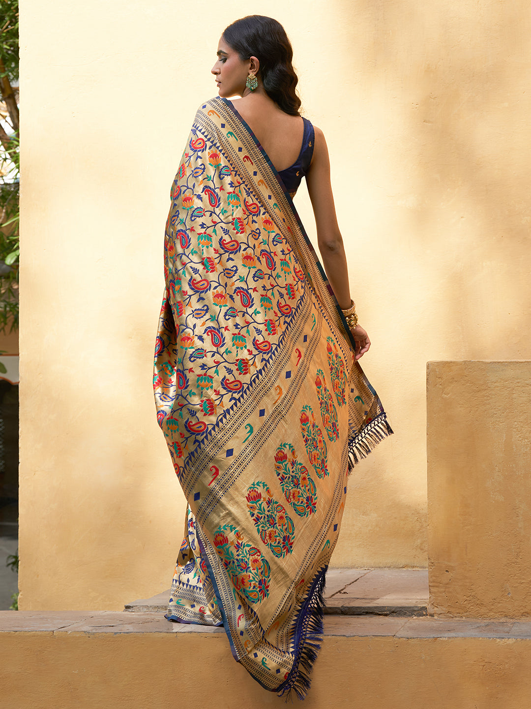 Golden Paithani Silk Woven Floral Design Saree with Unstitched Blouse Piece Janasya